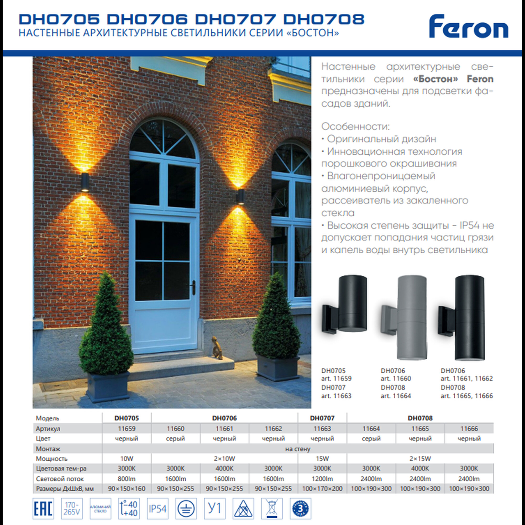 Светильник уличный светодиодный, 2*10W, 1600Lm, 3000K, черный DH0706 Feron