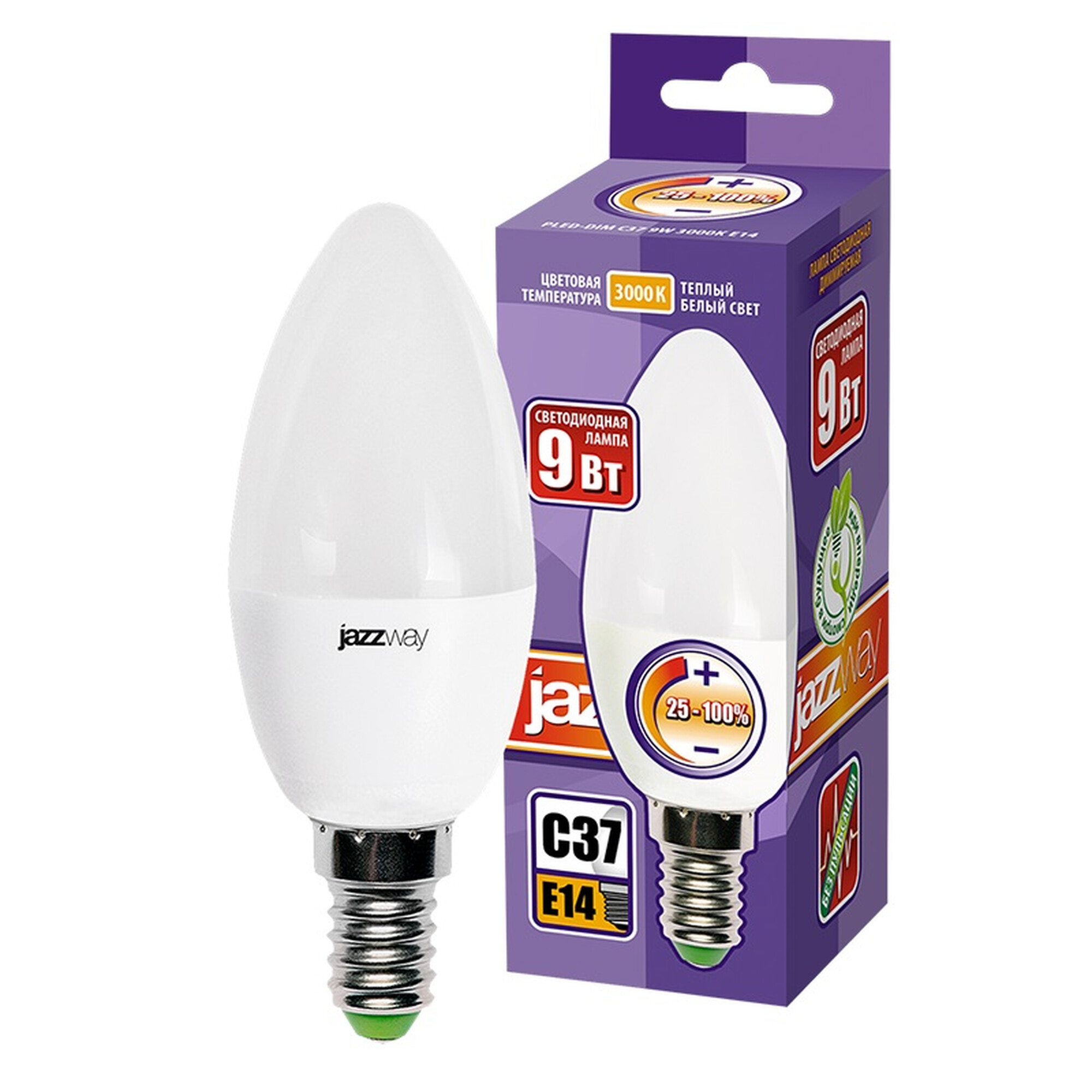 Лампа светодиодная PLED- DIM C37  9w 3000K 630 Lm E14 230/50  Jazzway
