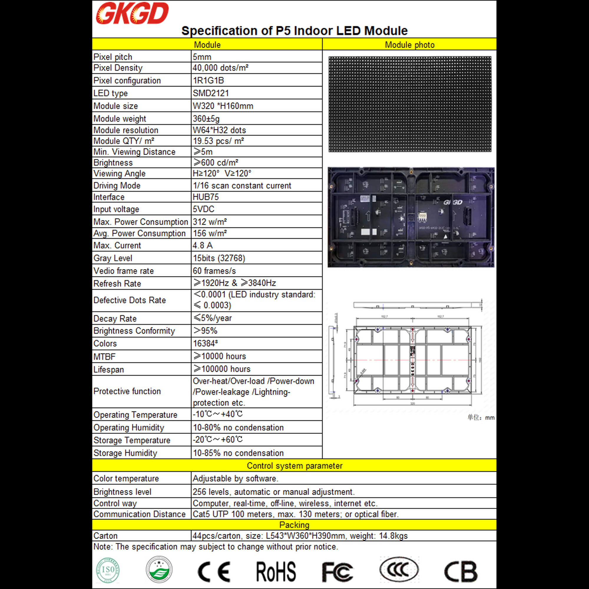 Модуль светодиодный Indoor P5 SMD RGB HJMA409 GKGD