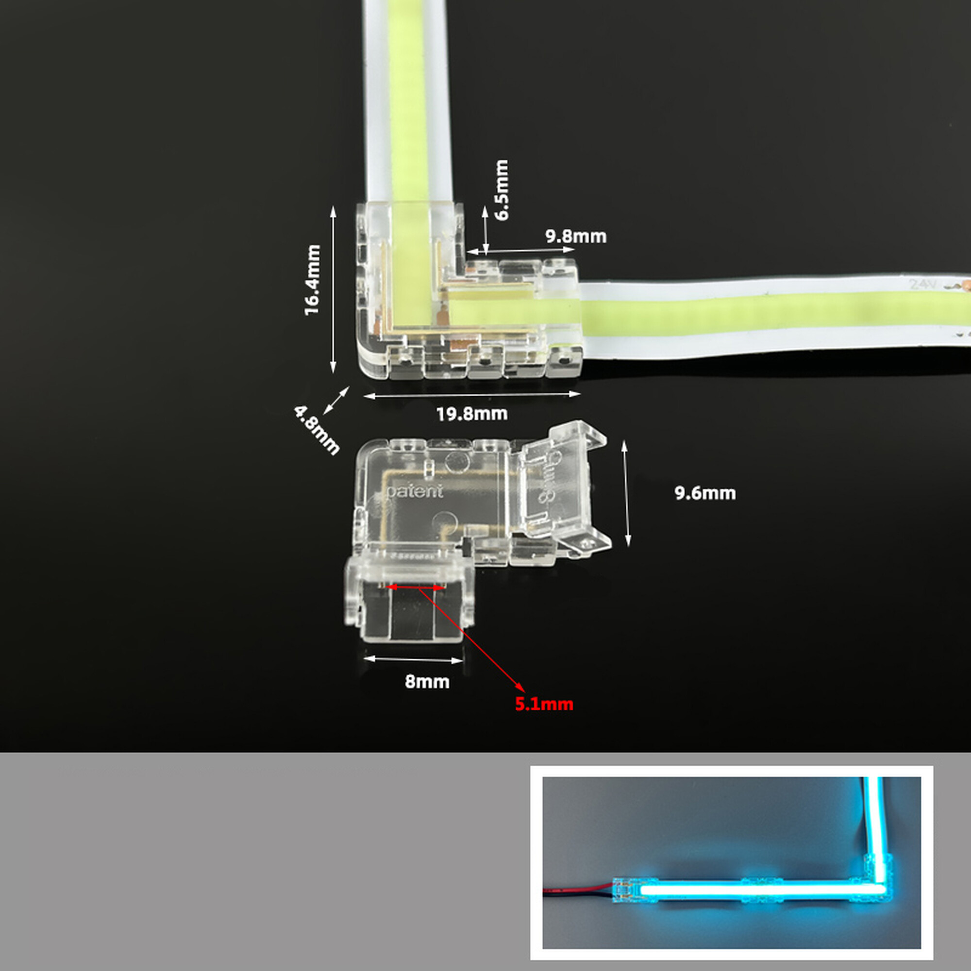Коннектор угловой 2 контакта без провода для ленты 8мм монохром SignImpress