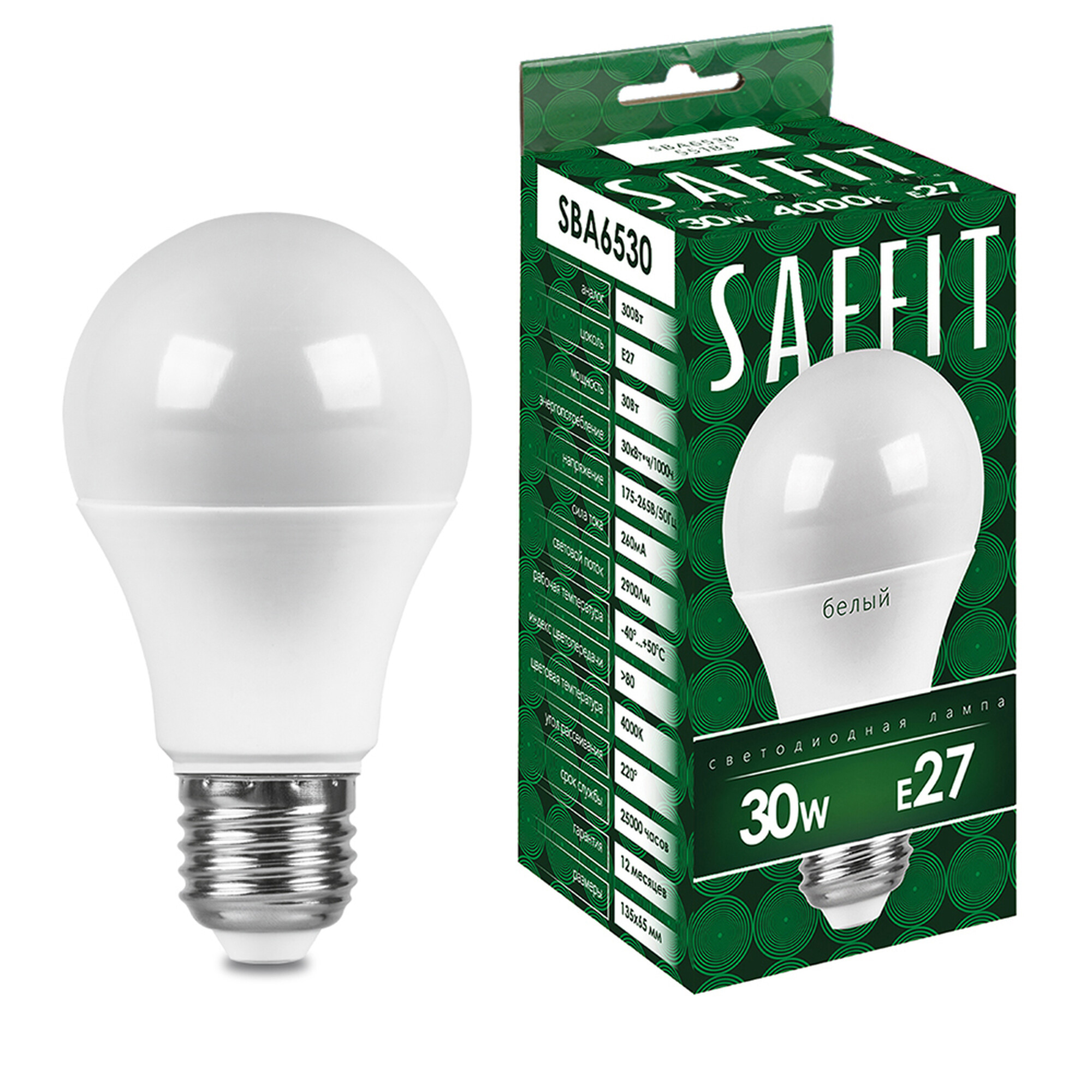 Лампа светодиодная, 30W 230V E27 6400K A65, SBA6530 Feron