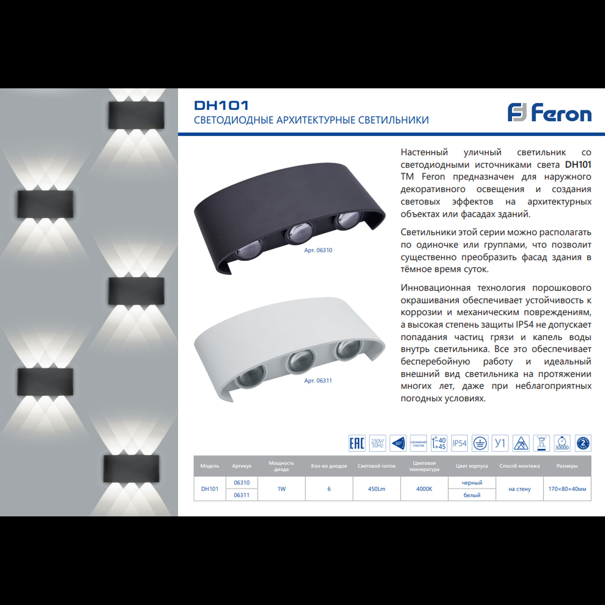 Cветильник настенный декоративный DH101, 6*1W, 450Lm, 4000K, черный Feron